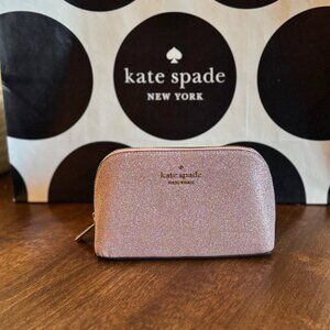 Kate Spade Tinsel Glitter Fabric Rose Gold Cosmetic Makeup Case NWT